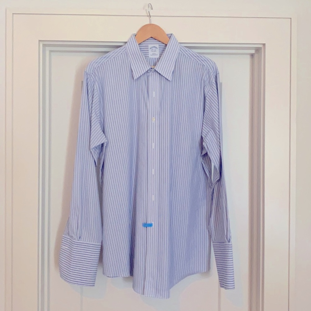 Men’s brooks brothers dress shirt.  Blue and black vertical stripes.